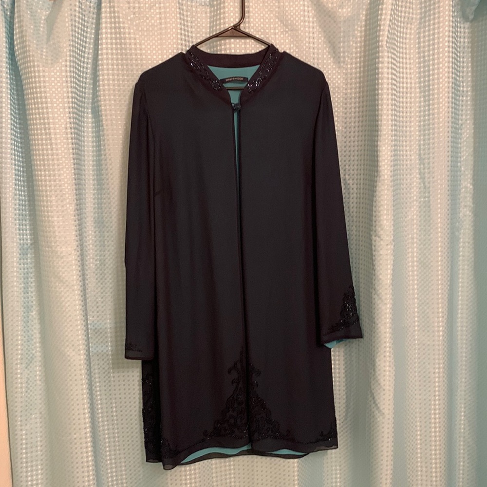 Windsmoor Navy Blue Cape, Turquoise Lining, Beaded,Size 14, 100% Polyester